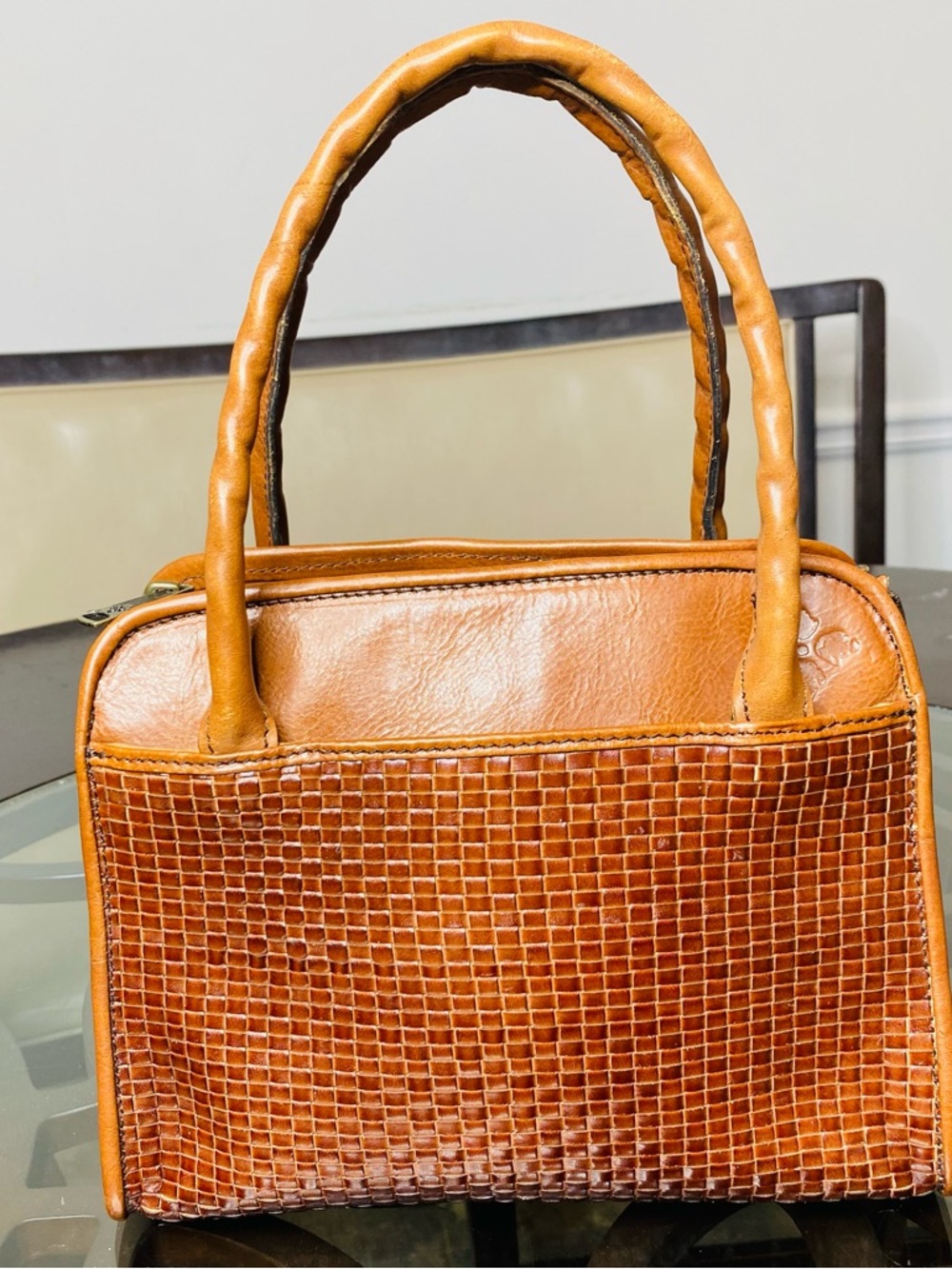Patricia Nash Vintage Woven Leather Paris Satchel - British Tan Basketweave